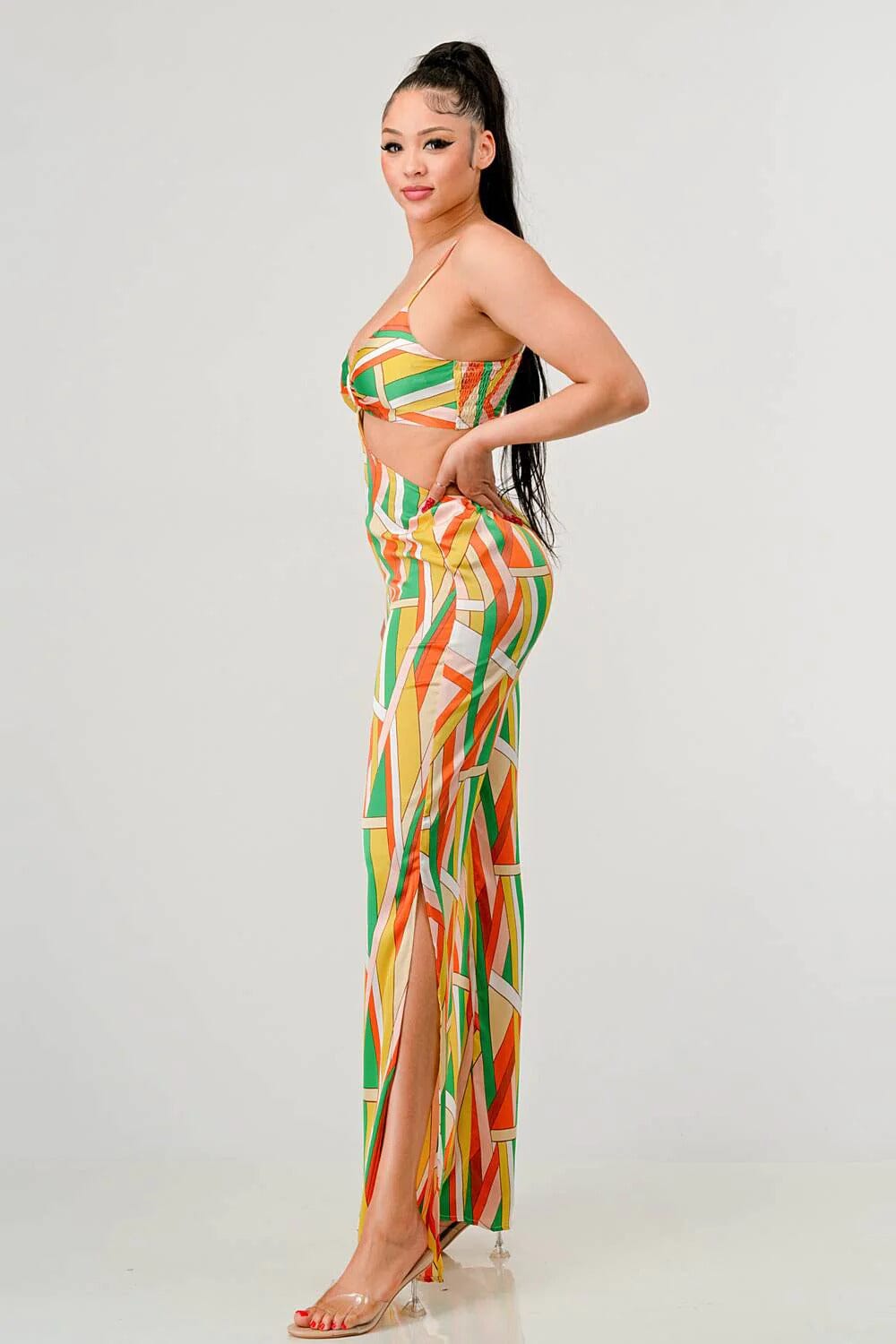 Orange Luxe geo Spaghetti Strap satin bra top and palazzo jumpsuit Jumpsuits & Rompers jehouze 