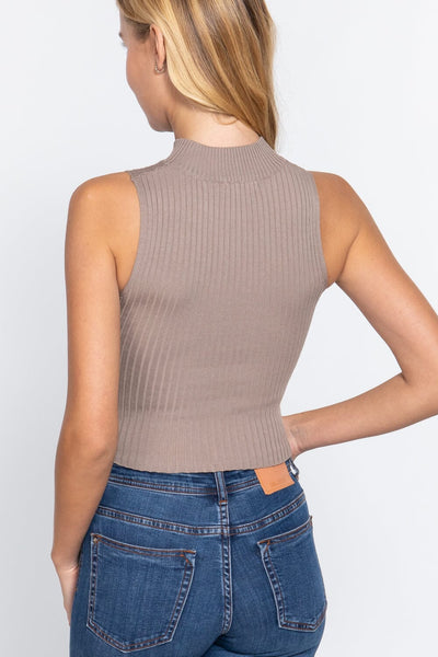 Oyster Khaki Summer Zipper Knit Sleeveless Rib Sweater Tank Crop