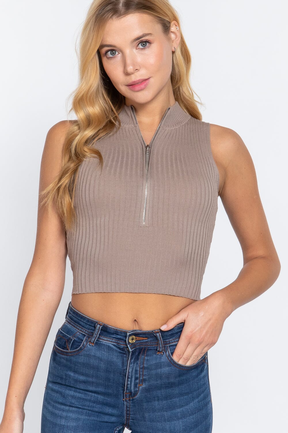 Oyster Khaki Summer Zipper Knit Sleeveless Rib Sweater Tank Crop Top