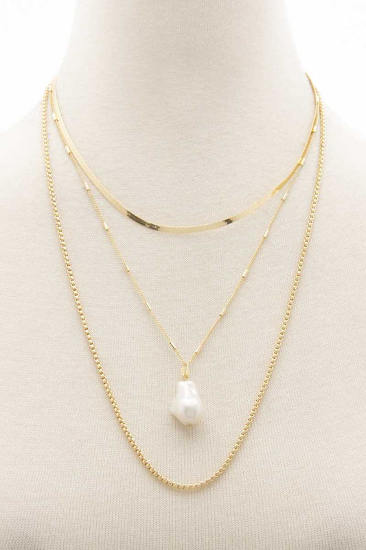 Pearl Herringbone Link Layered Necklace Necklaces jehouze 