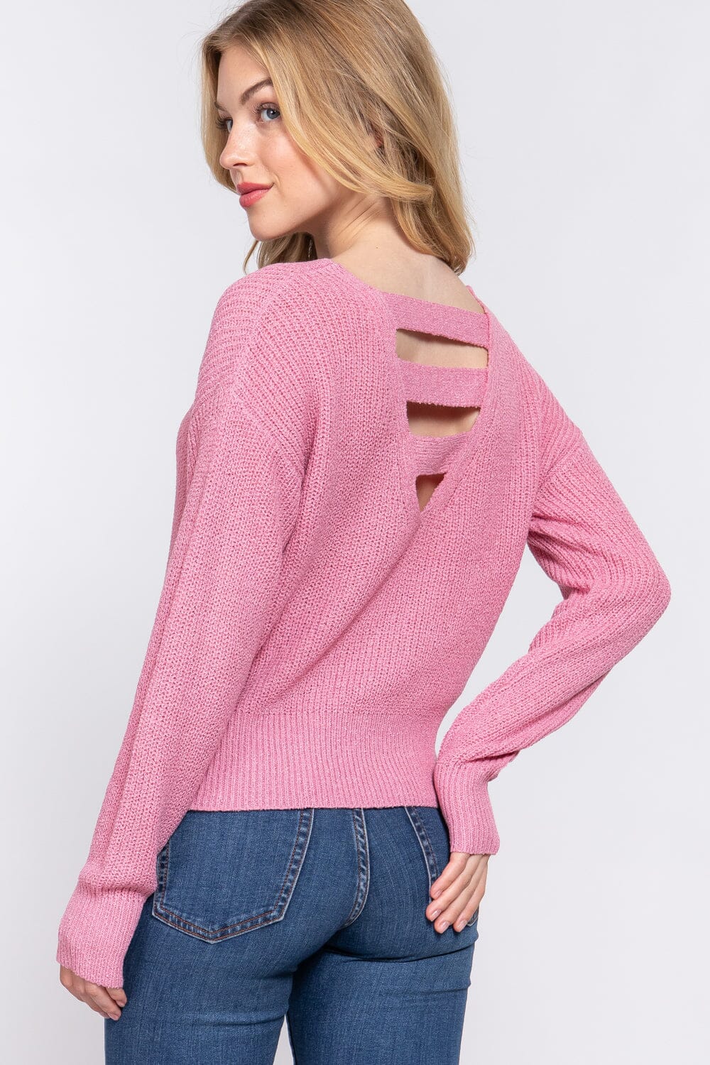 Pink Dolman Long Sleeve Strappy Open Back Sweater Top Shirts & Tops jehouze 