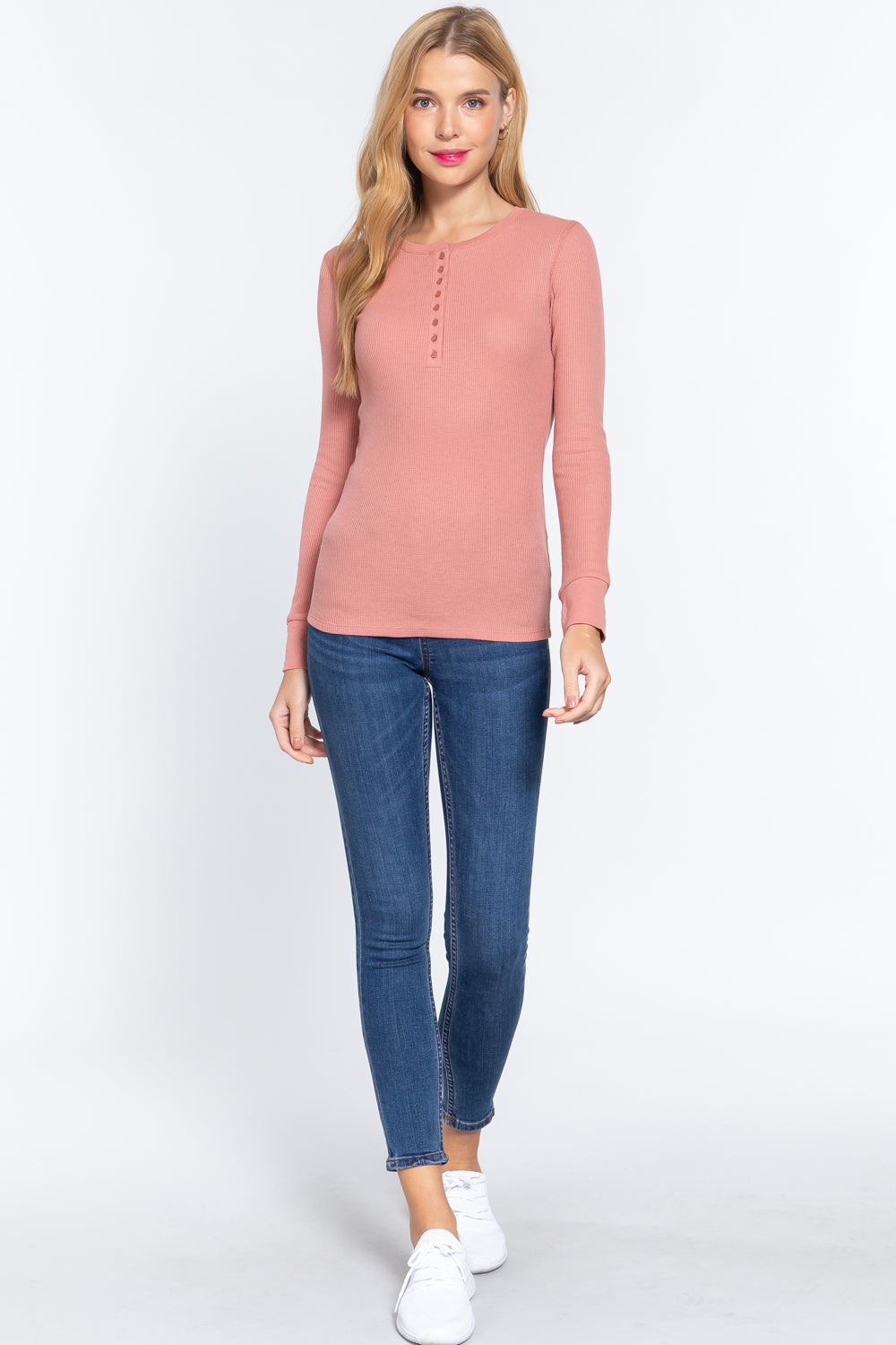 Pink Long Sleeve Waffle Knit Stretch Cotton Henley Thermal Top Shirt Shirts & Tops jehouze 