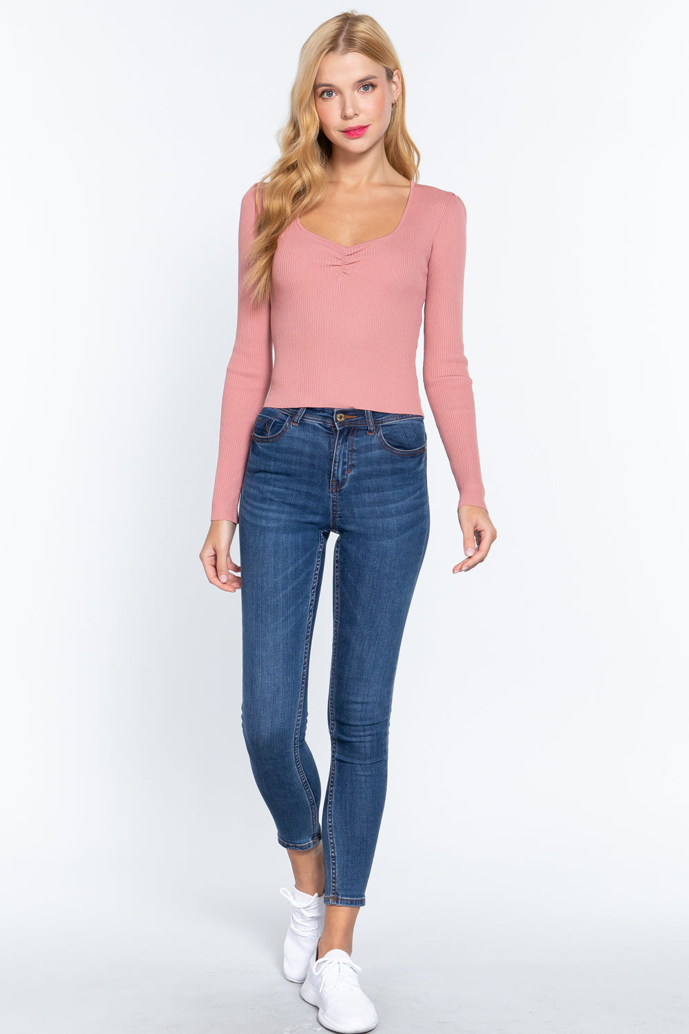 Pink Shirring Sweetheart Neck Long Sleeve Elegant Slim Fit Sweater Top Shirts & Tops jehouze 