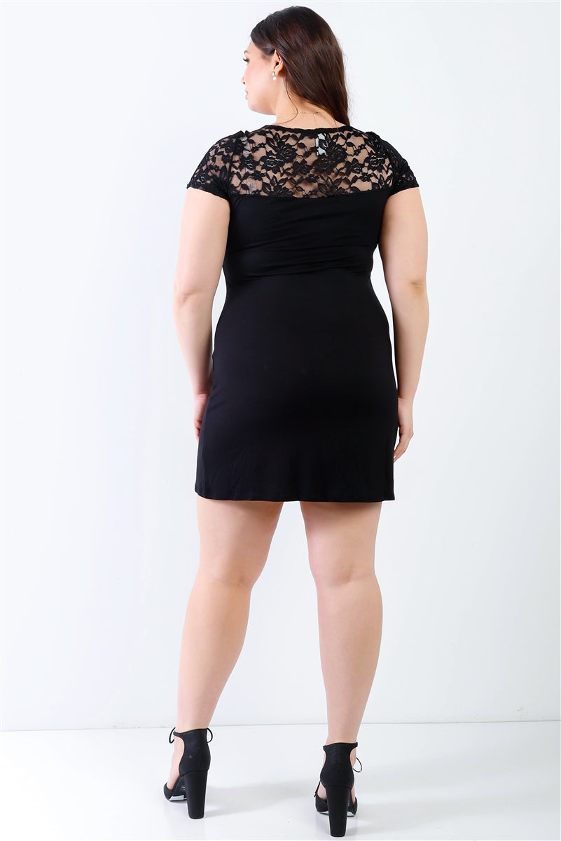 Plus Black Lace Details Short Sleeve Mini Dress Dresses jehouze 