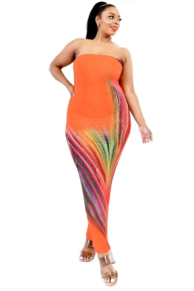 Plus Orange Multi Sleeveless Color Gradient Tube Top Maxi Dress Shirts & Tops jehouze 
