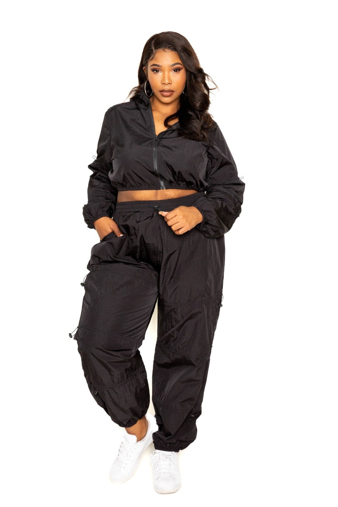 Plus Size 2 piece Black Cord Lock Detail Long Sleeve Zip Up Crop Top and pant activewear Set jehouze 