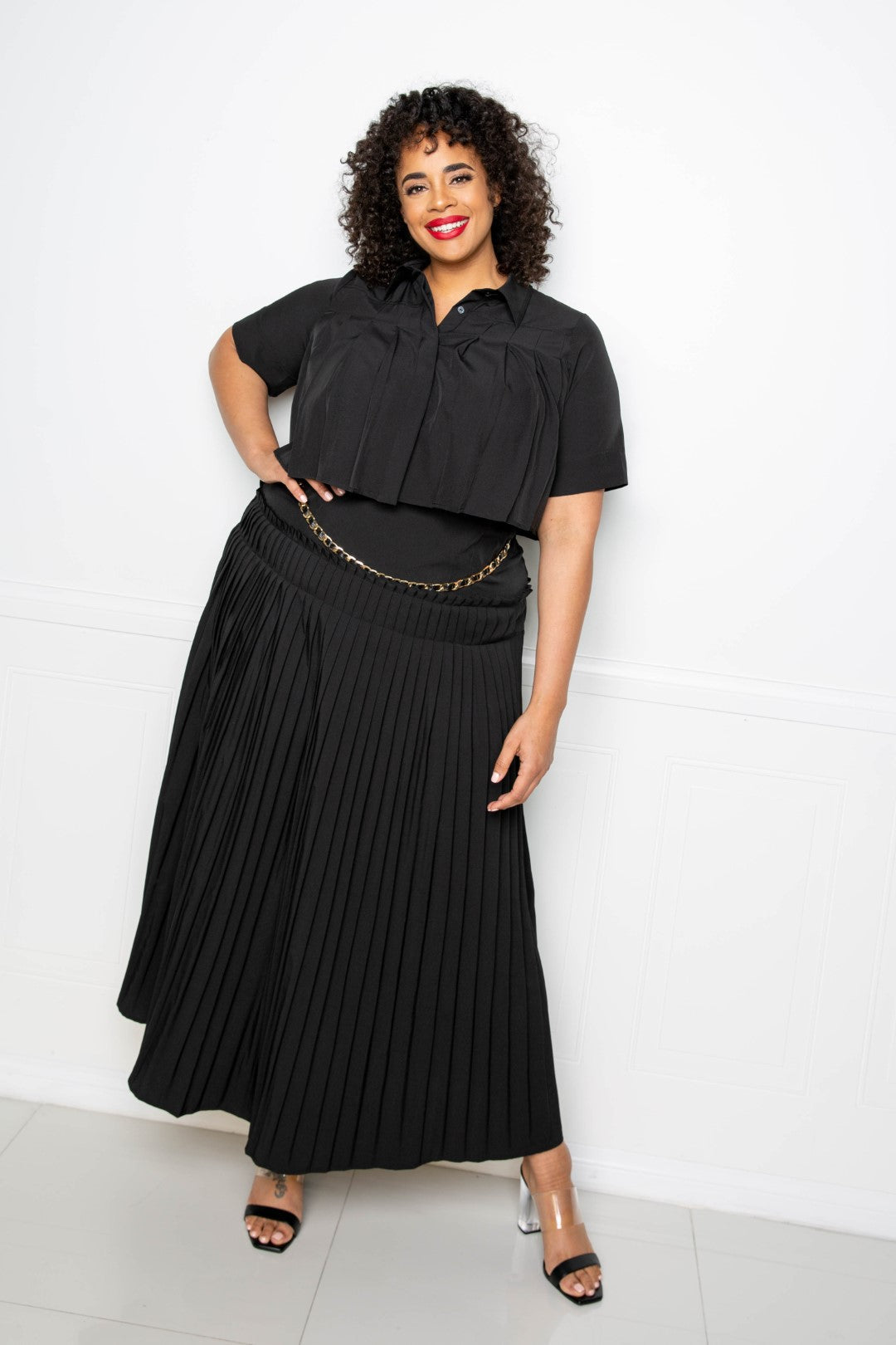 Plus Size 2 piece Black Pleated Cropped Short Sleeve Shirt And Maxi Skirt Set Matching Sets jehouze 