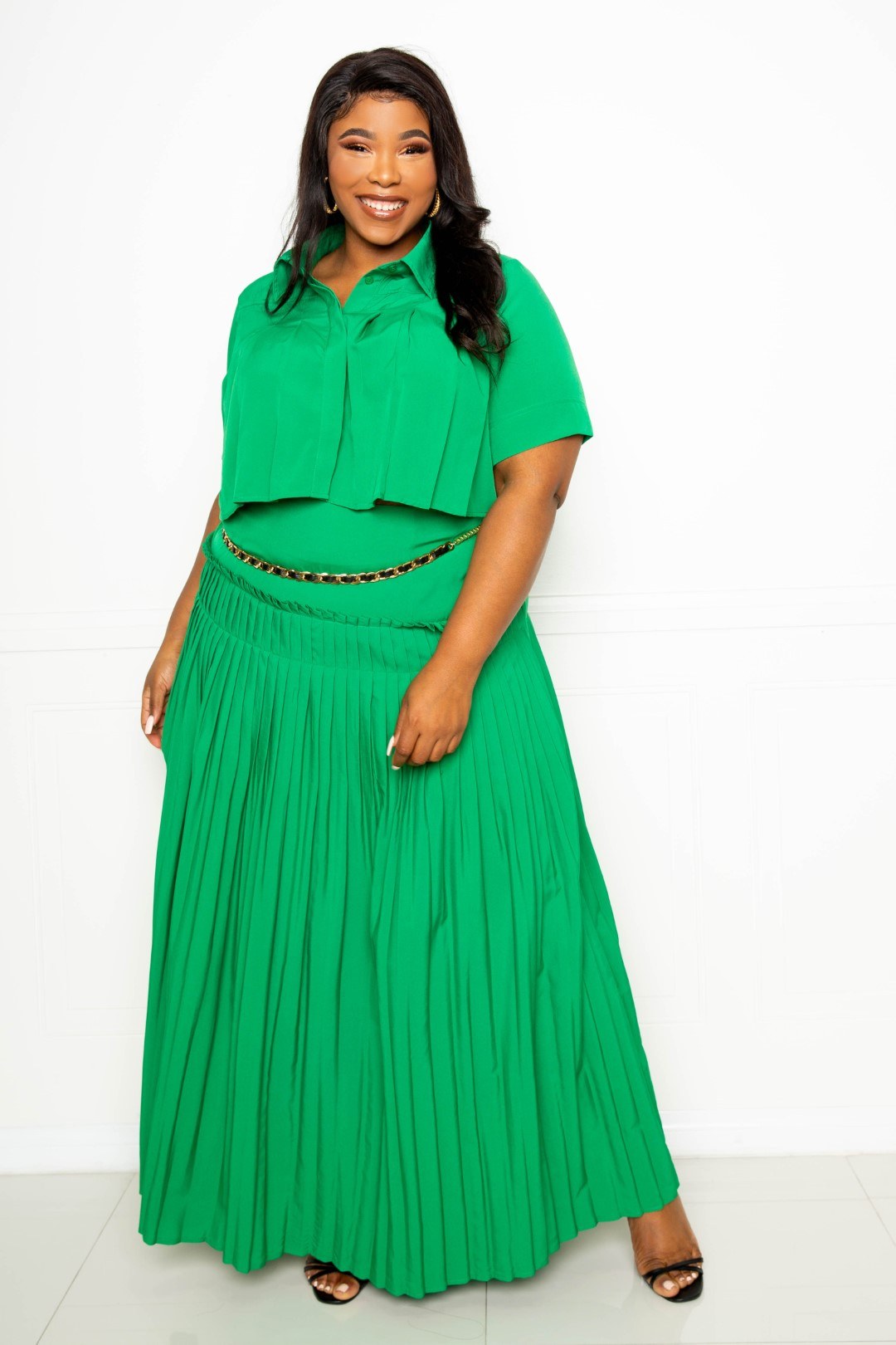 Plus Size 2 piece Green Pleated Cropped Short Sleeve Shirt And Maxi Skirt Set Matching Sets jehouze 
