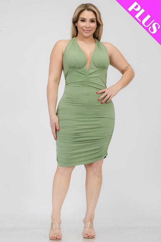 Plus Size Basil Green Deep Neck Crisscross Back Ruched Bodycon Clubwear Mini Dress Dresses jehouze 