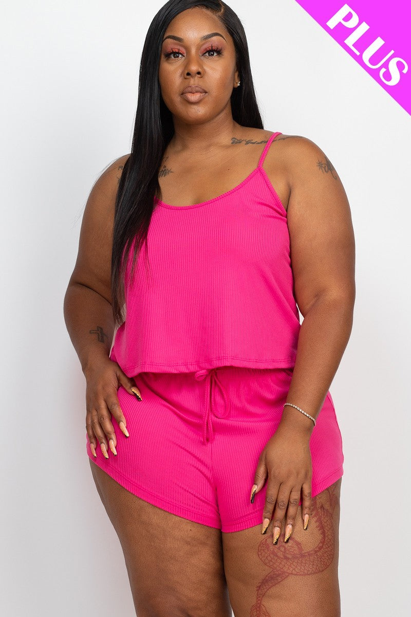 Plus Size Berry Pink Ribbed Strappy Top And Shorts Set Matching Sets jehouze 