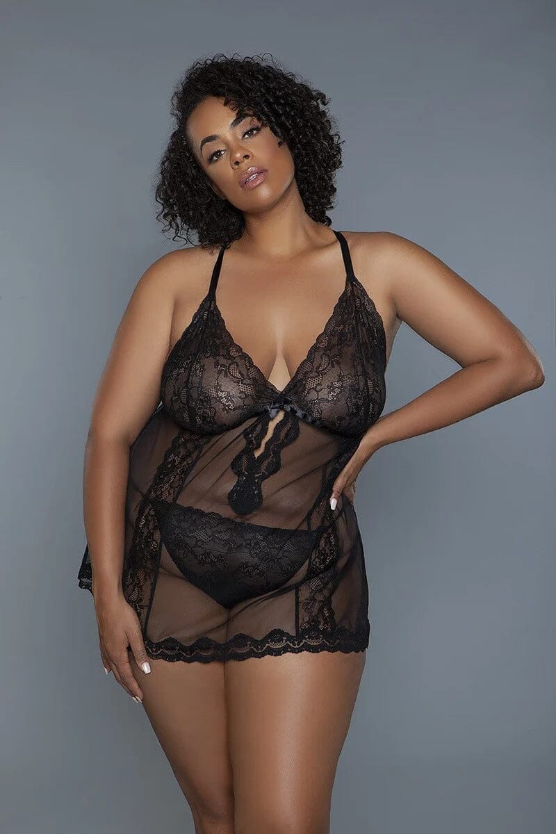 Plus Size Black 2 Pc Unlined Lace Cups Babydoll Sheer Mesh And Lace Front Panels Design jehouze 