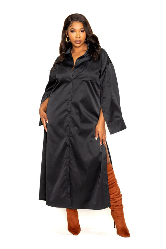 Plus Size Black Cape Sleeve Button Down Shirt Maxi Dress jehouze 