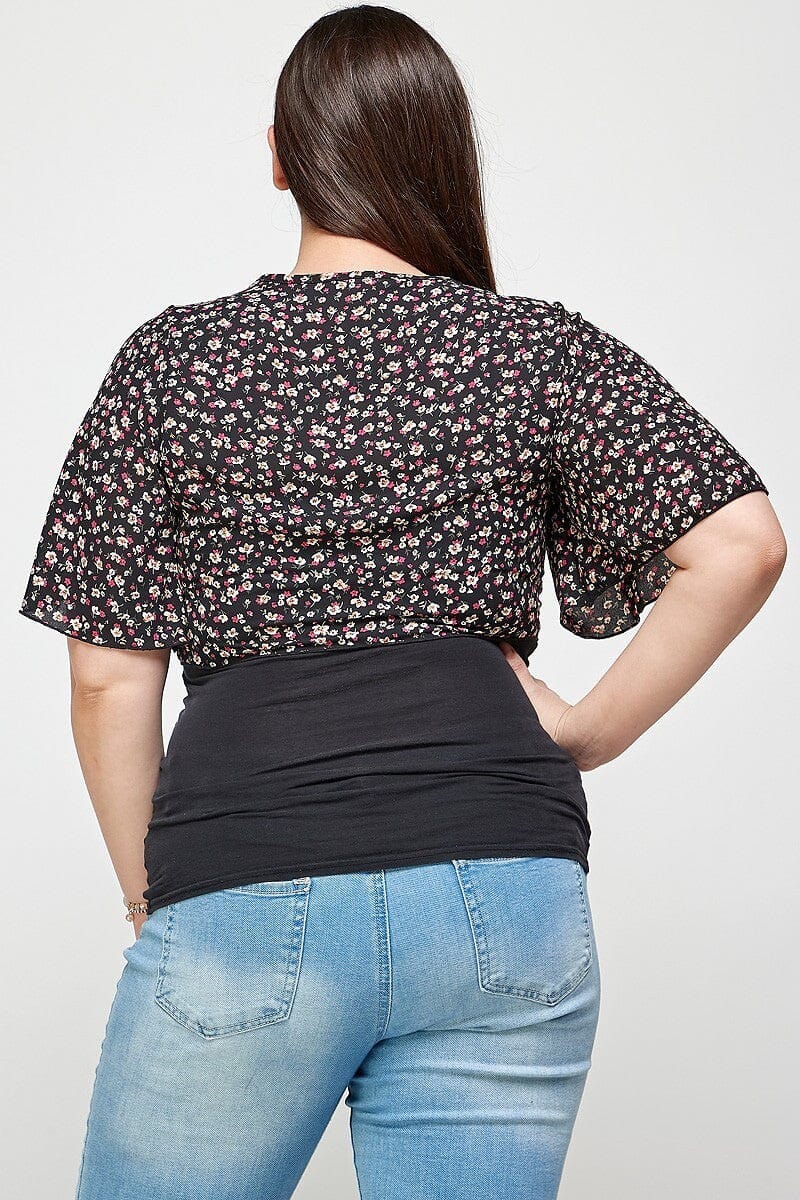 Plus Size Black Ditsy Floral Print Cropped Bolero Cardigan Shirts & Tops jehouze 