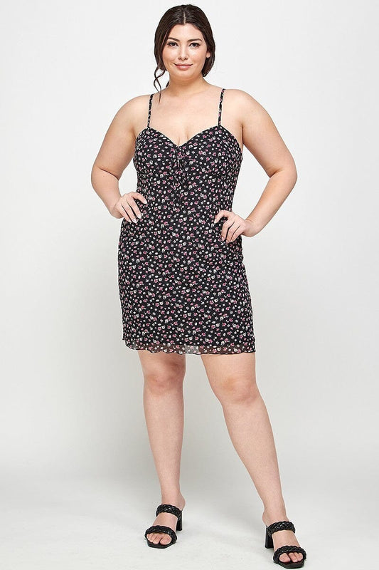 Plus Size Black Ditsy Floral Print On Mesh Fabric Spaghetti Strap Party Cami Mini Bodycon Dress jehouze