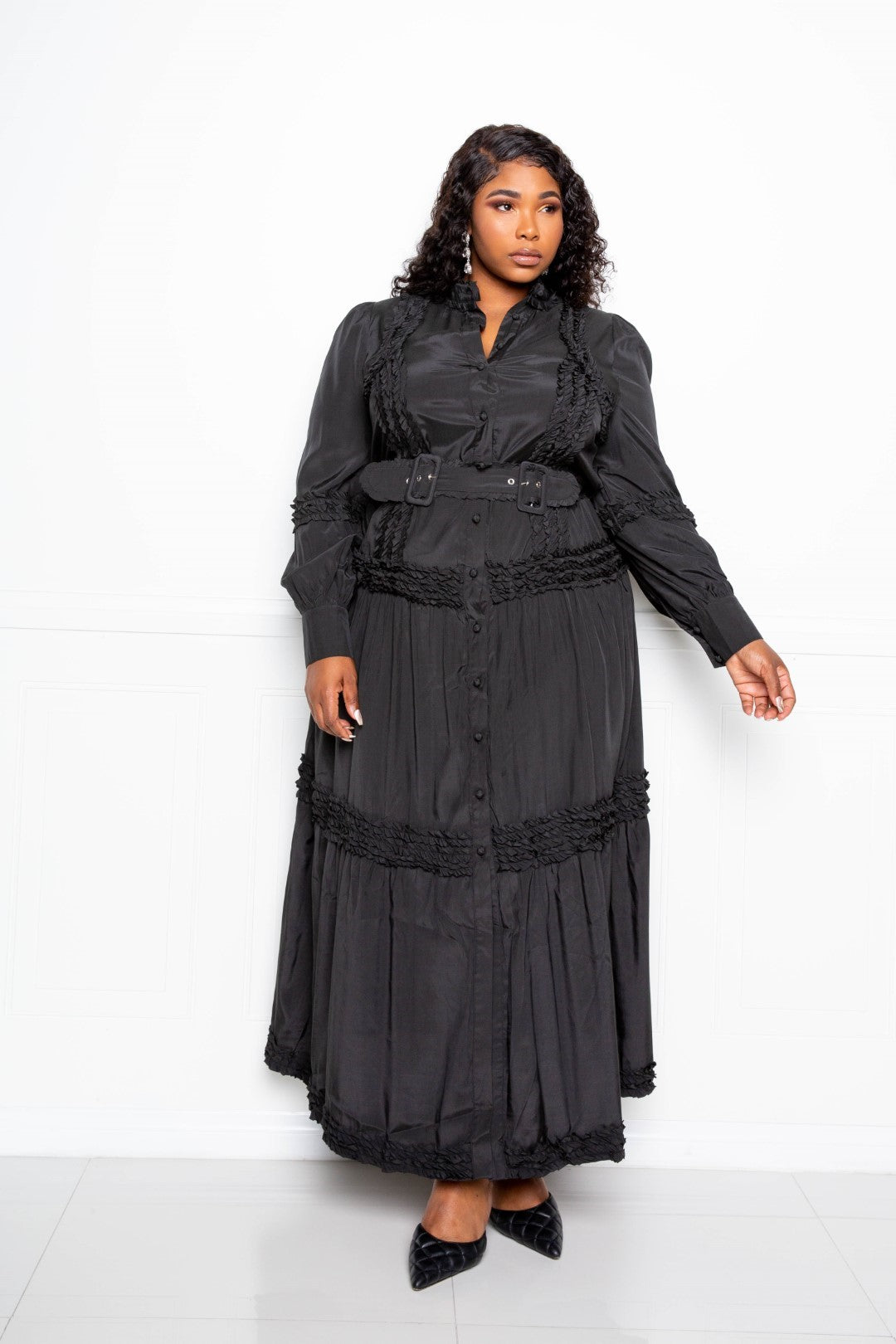 Plus Size Black long Sleeve Button Down Belted Ruffle Flowy Maxi Dress Dresses jehouze 
