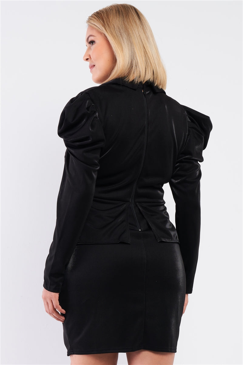Plus Size Black Long Sleeve Victorian Steampunk V-neck Button Front Pleated Detail Mock Blazer Fitted Dress Dresses jehouze 