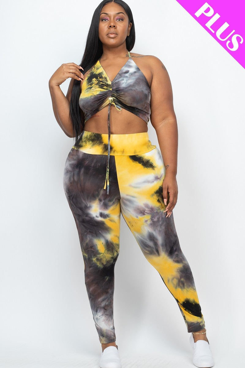 Plus Size Black Mustard Yellow Adjustable Ruched Crop Top And Leggings Set Matching Sets jehouze 