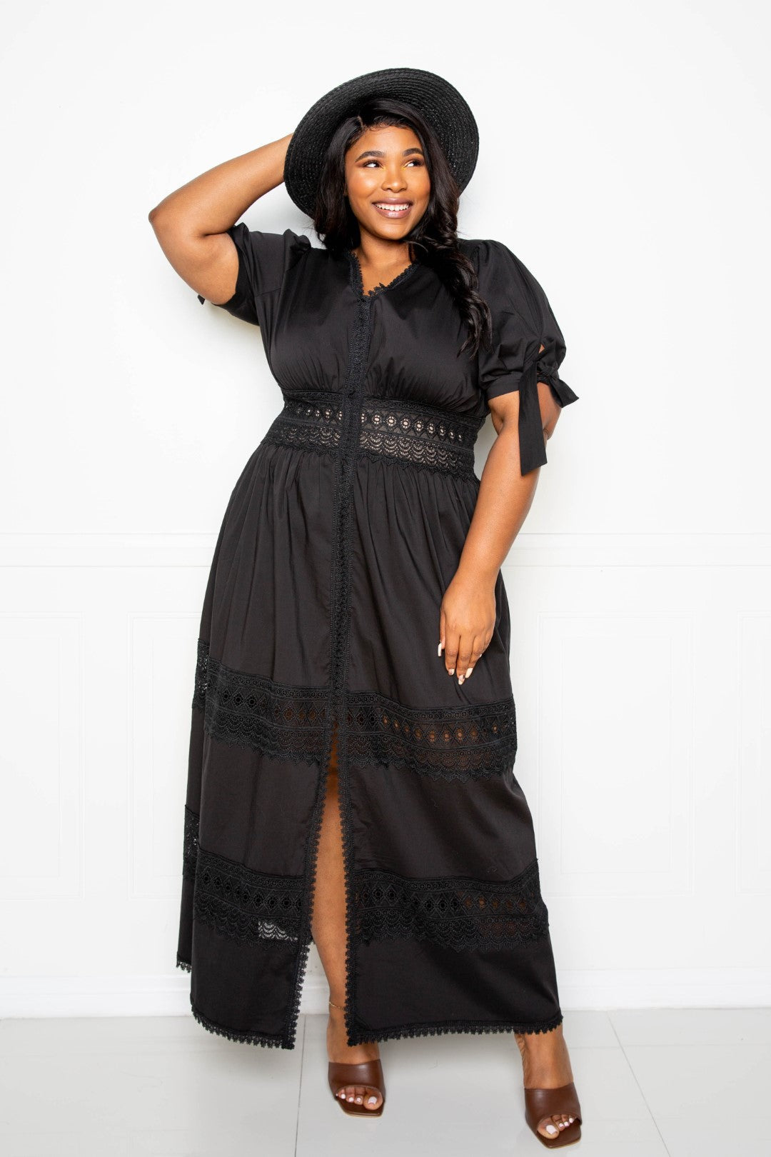 Plus Size Black Puff Sleeve Maxi Dress With Lace Insert Dresses jehouze 