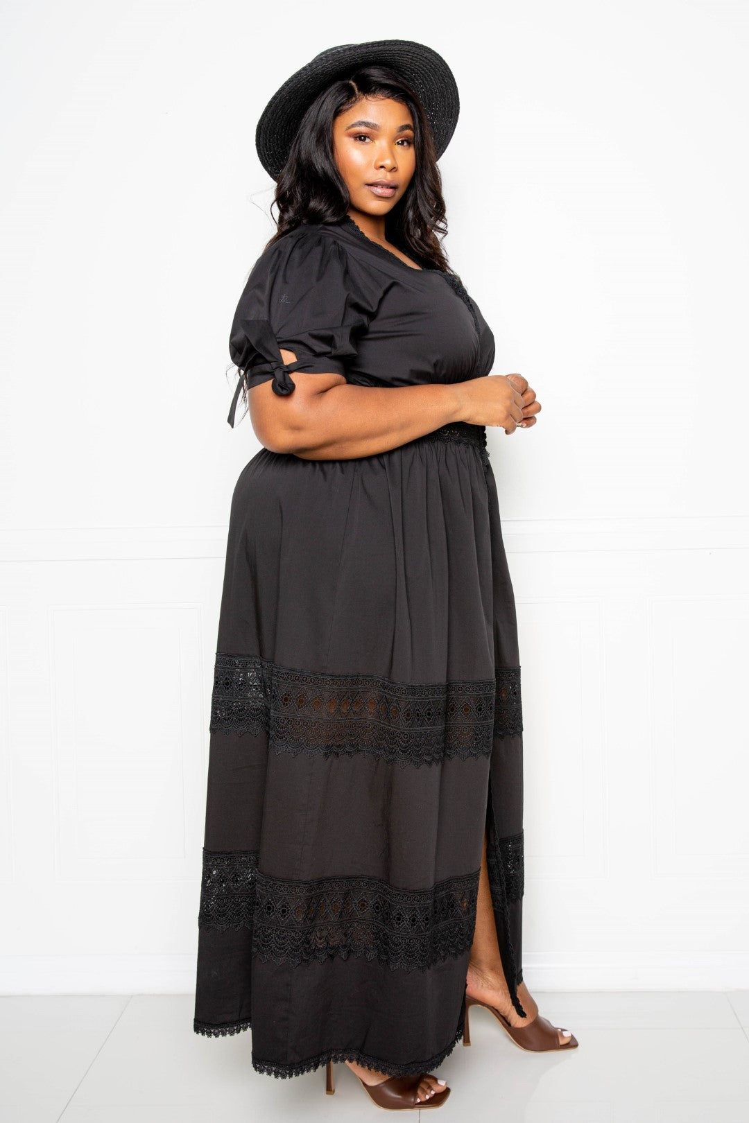 Plus Size Black Puff Sleeve Maxi Dress With Lace Insert Dresses jehouze 