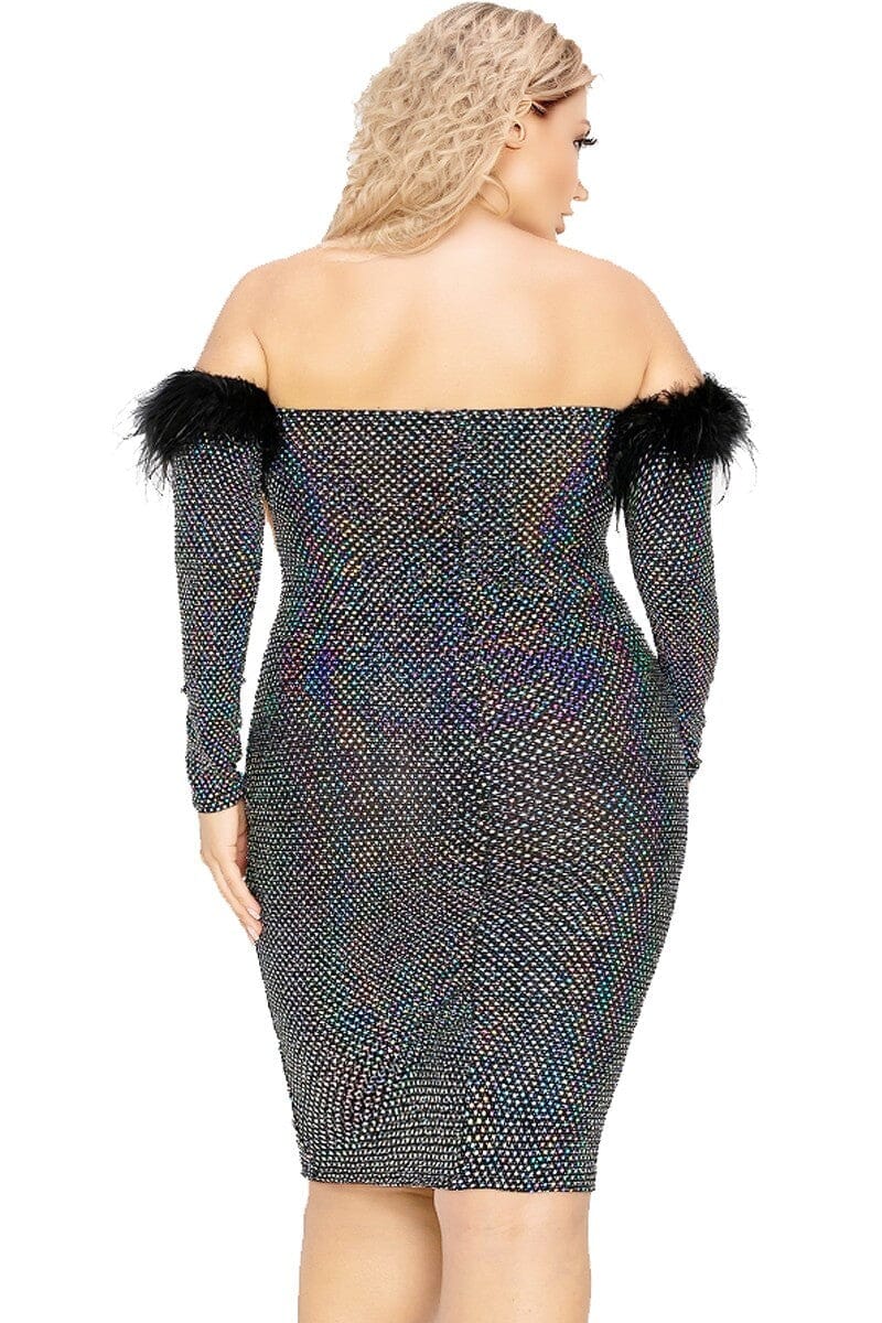 Plus Size Black Silver Off Shoulder Feather Trim Detail Sequin Dress jehouze 