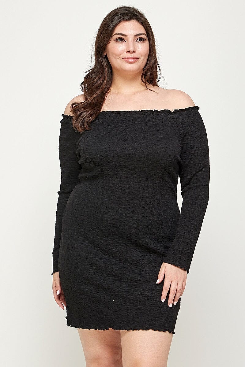 Plus Size Black Solid Smocked Off Shoulder Long Sleeves Mini Dress jehouze 