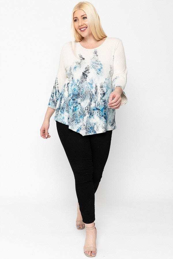 Plus Size Blue Paisley Print Top Featuring A Round Neckline And 3/4 Bell Sleeves Shirts & Tops jehouze 