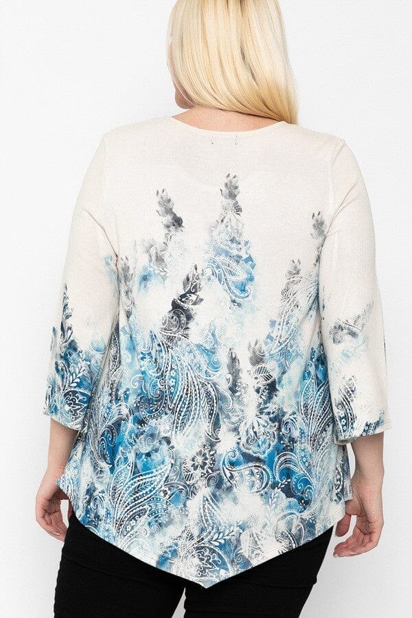 Plus Size Blue Paisley Print Top Featuring A Round Neckline And 3/4 Bell Sleeves Shirts & Tops jehouze 