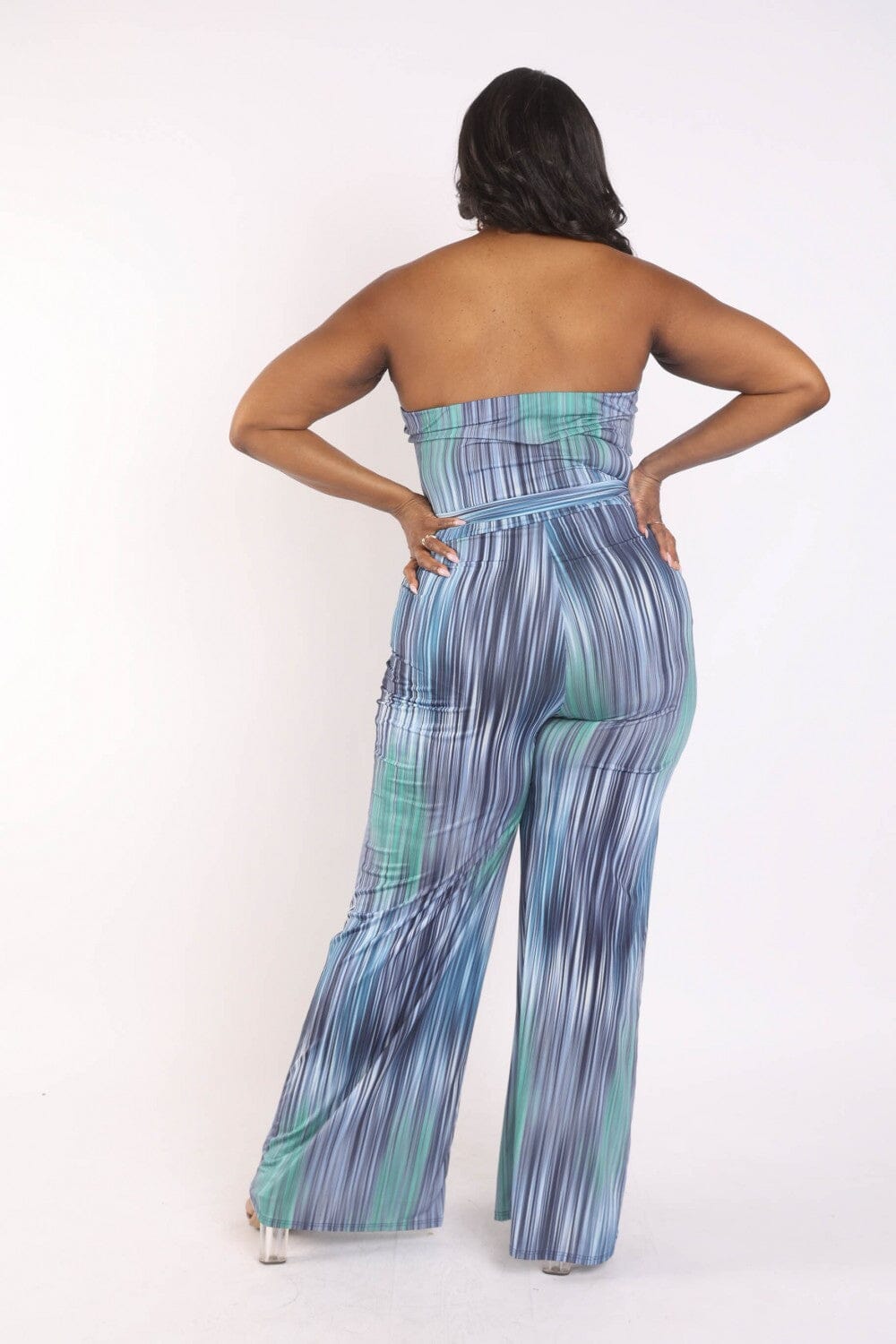 Plus Size Blue smocked Tube strapless Self Tie Wide Leg long pant Jumpsuit Jumpsuits & Rompers jehouze 
