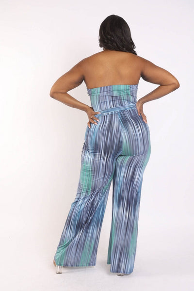 Plus Size Blue smocked Tube strapless Self Tie Wide Leg long pant Jumpsuit