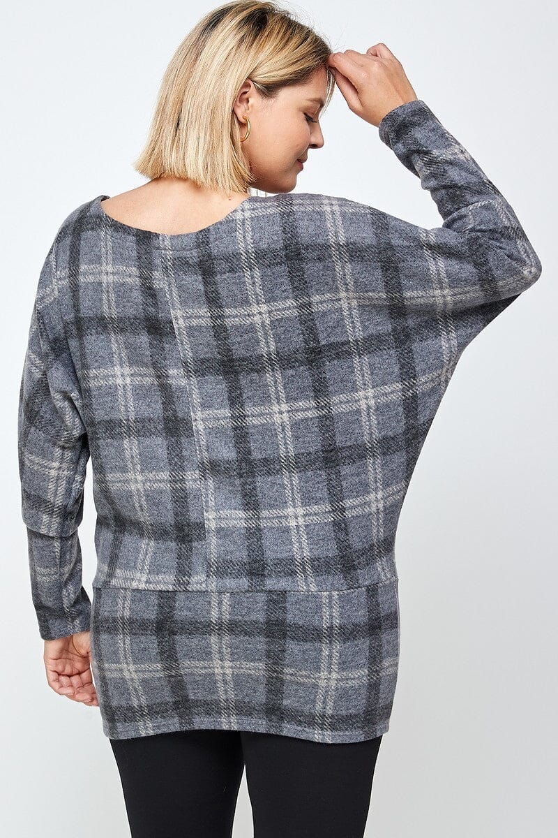 Plus Size Boat Neck Grey Plaid Print Tunic Top With Long Dolman Sleeves jehouze 