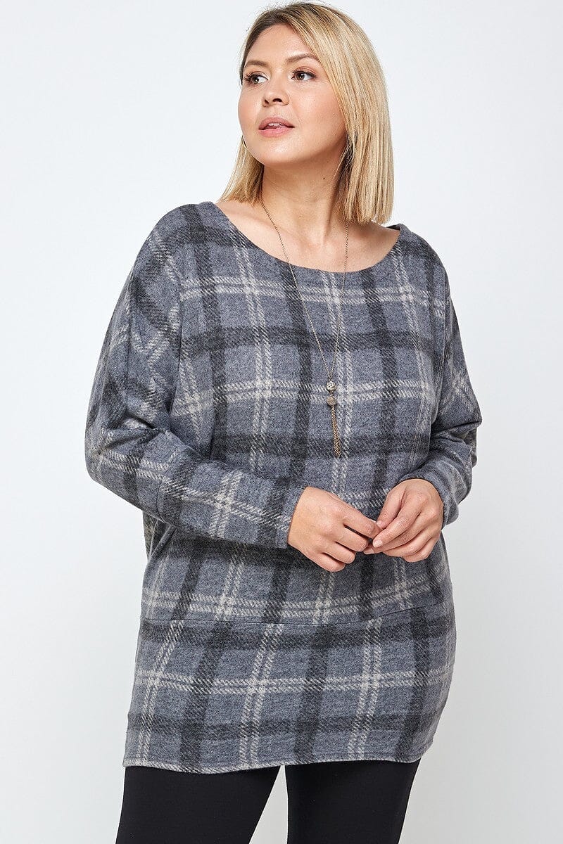Plus Size Boat Neck Grey Plaid Print Tunic Top With Long Dolman Sleeves jehouze 