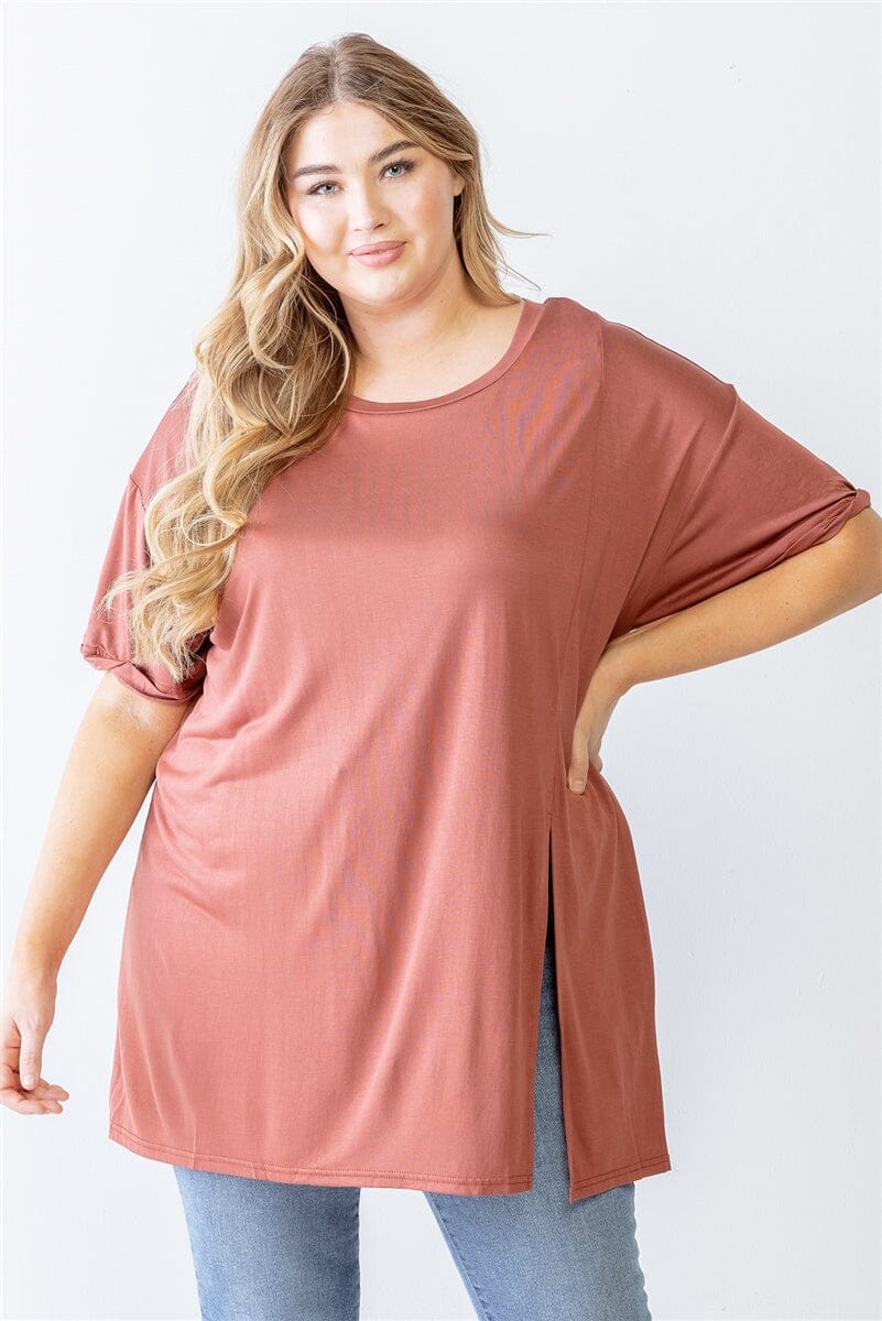 Plus Size Brick Brown Round Neck Short Sleeve Relax Top jehouze 