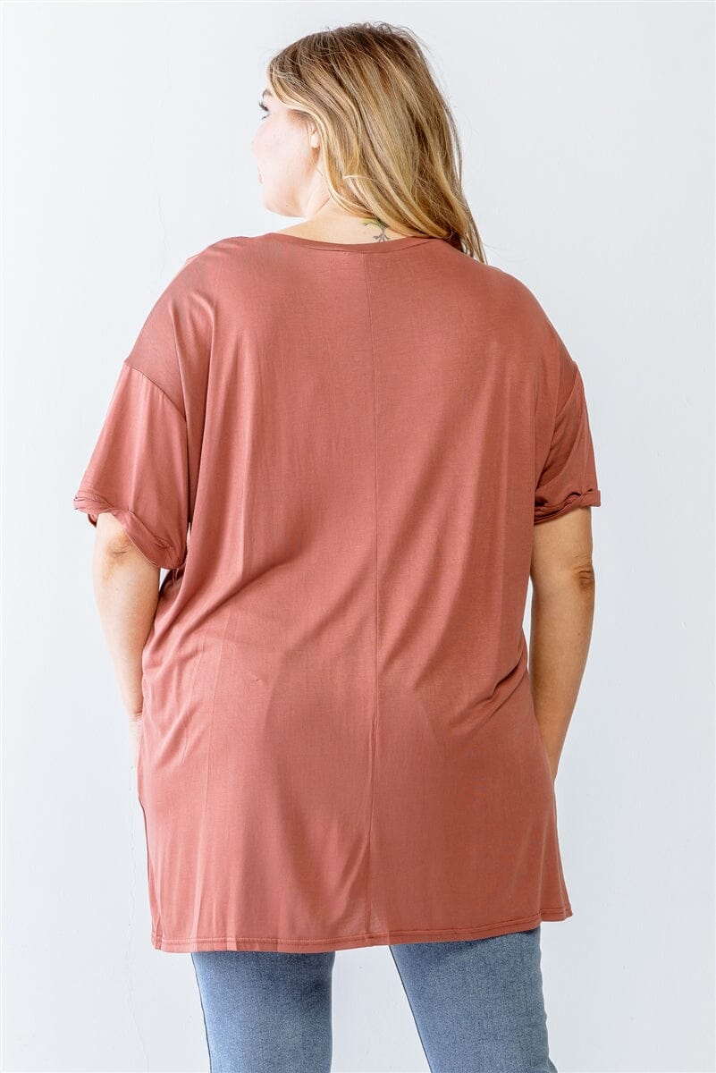 Plus Size Brick Brown Round Neck Short Sleeve Relax Top jehouze 