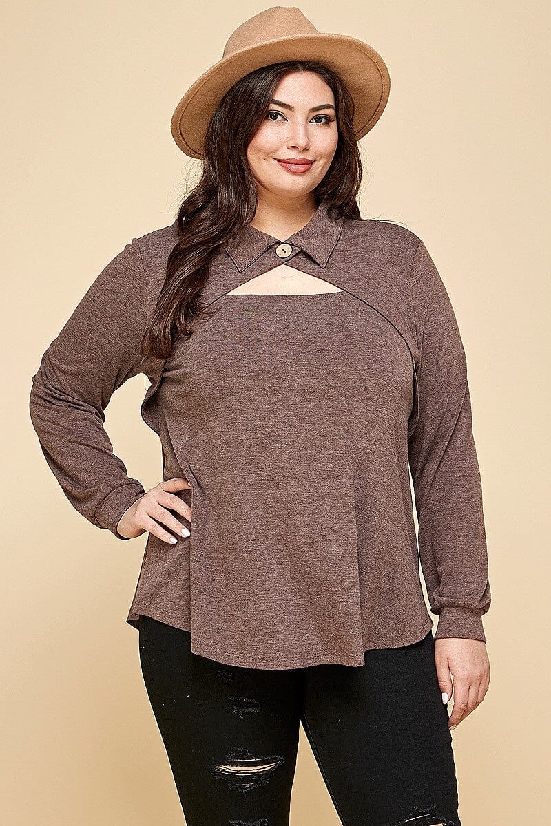 Plus Size Brown Long Sleeve Cut Out Collar Button Neckline Top Shirts & Tops jehouze 