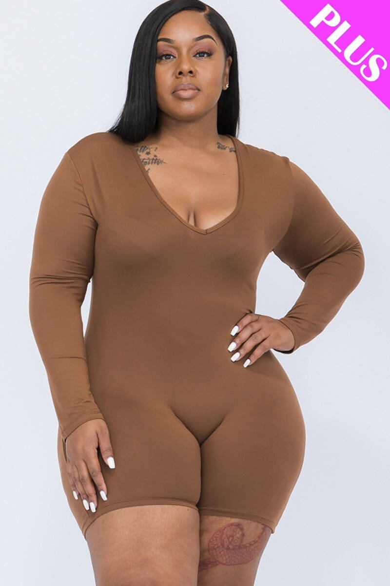 Plus Size Brown Sugar V neck Long Sleeve one piece Bodycon Romper Jumpsuits & Rompers jehouze 