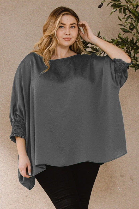 Plus Size Charcoal Grey Ember Jacquard Solid Woven Oversized Boatneck 3/4 Sleeve Blouse Top jehouze 