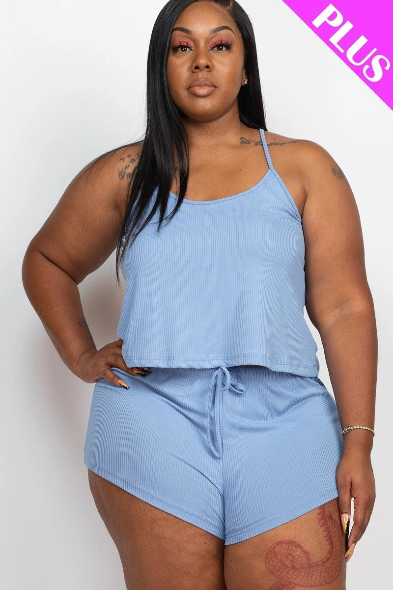 Plus Size Cloud Blue Ribbed Strappy Top And Shorts Set Matching Sets jehouze 