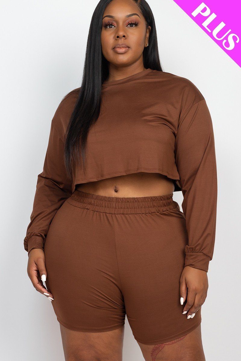 Plus Size Coffee Brown Cozy Crop Top And Shorts Set Matching Sets jehouze 