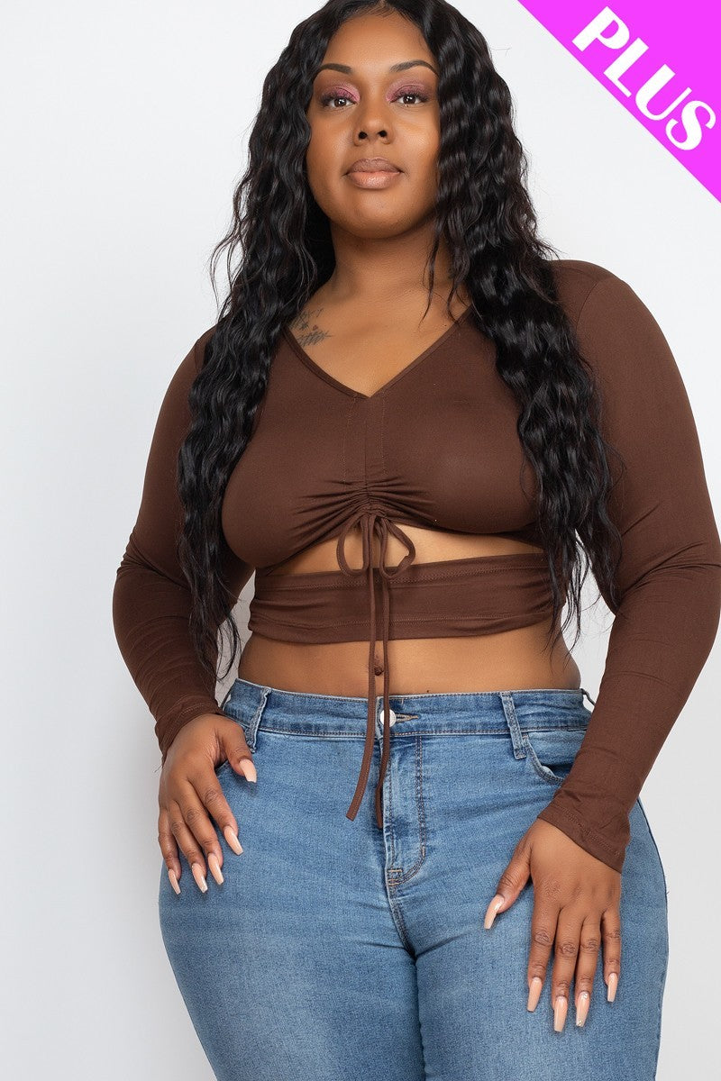 Plus Size Coffee Brown Drawstring Ruched Cutout V Neck Long Sleeve Crop Top Shirts & Tops jehouze 