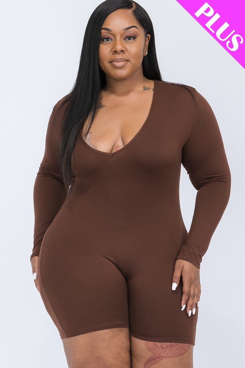 Plus Size Coffee Brown V neck Long Sleeve one piece Bodycon Romper Jumpsuits & Rompers jehouze 