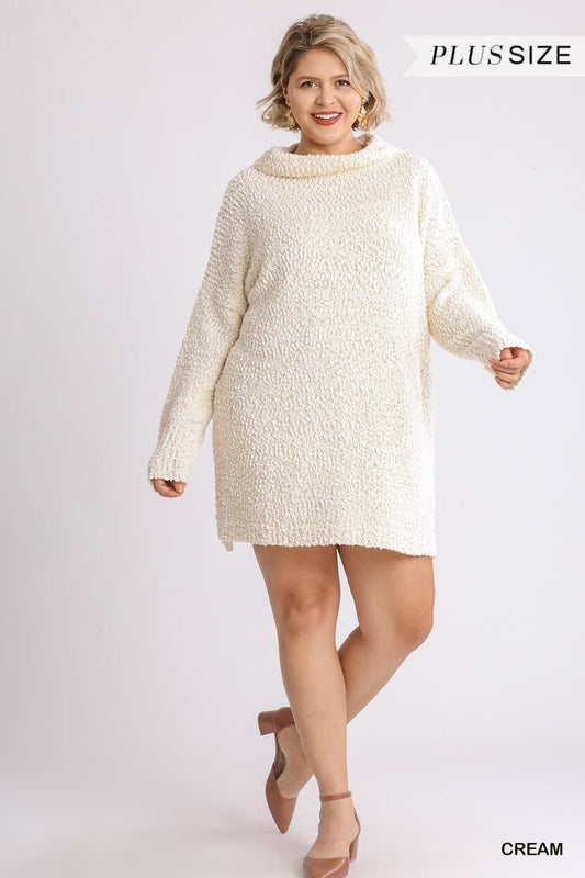 Plus Size Cream Beige High Cowl Neck Long Sleeve Sweater Mini Dress Dresses jehouze 
