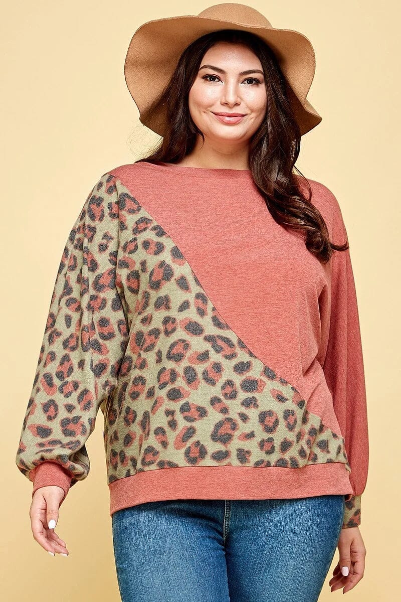 Plus Size Cute Animal French Terry Brush Contrast Print Pullover Top Shirts & Tops jehouze 
