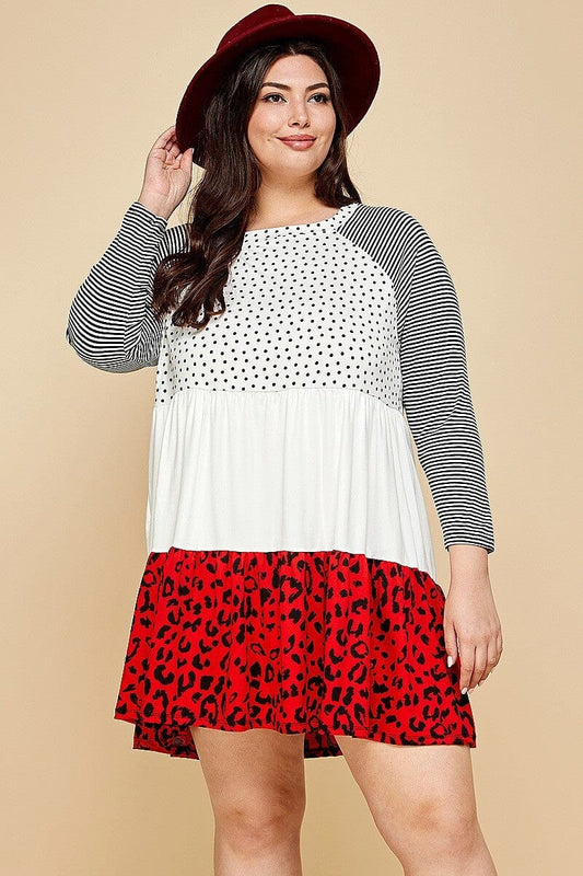 Plus Size Cute Polka Dot And Animal Print Contrast Swing Tiered Mini Dress Dresses jehouze 