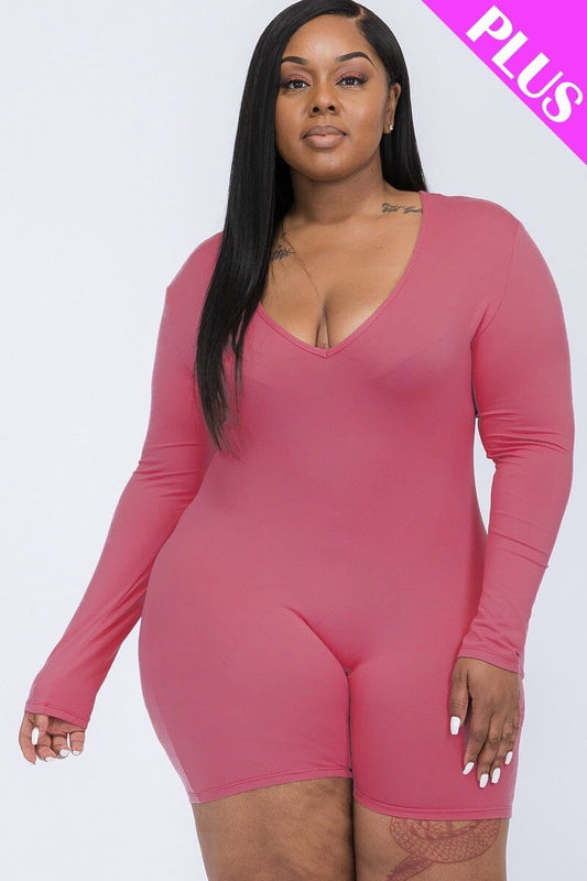 Plus Size Dark Mauve Pink V neck Long Sleeve one piece Bodycon Romper Jumpsuits & Rompers jehouze 