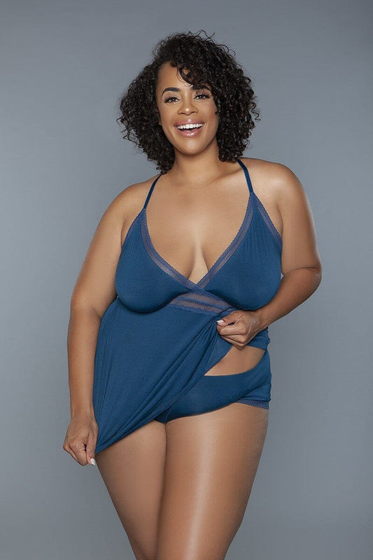 Plus Size Deep Royal Blue 2 Pc V neckline Cami Set With Wire Free Bralette jehouze 