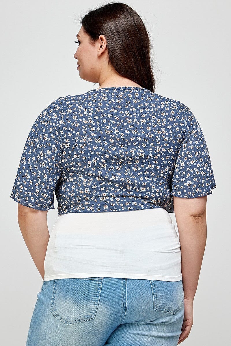 Plus Size Denim Blue Ditsy Floral Print Cropped Bolero Cardigan Shirts & Tops jehouze 