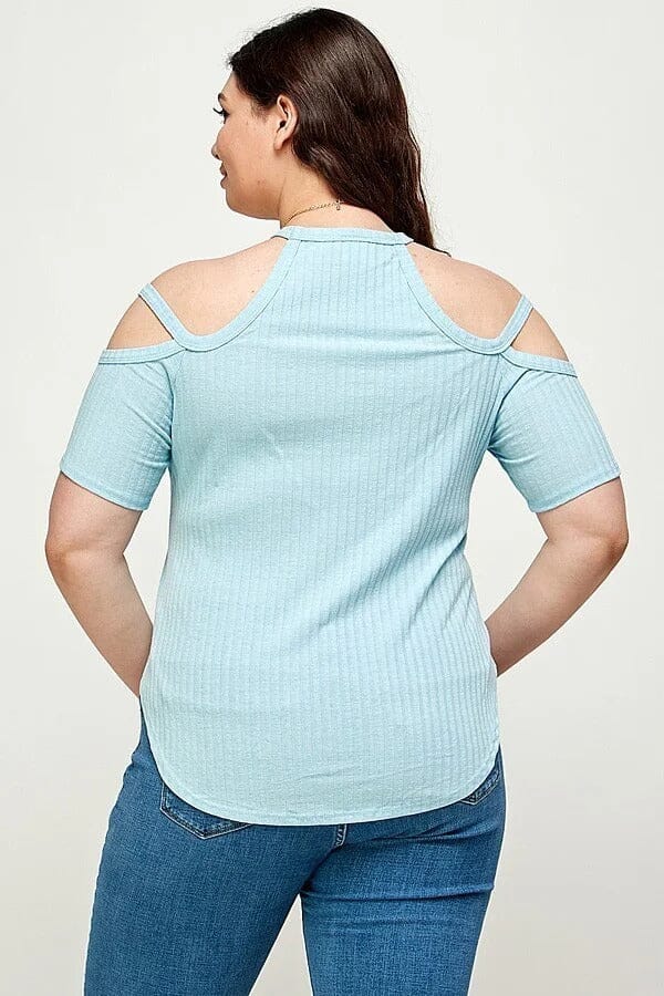 Plus Size Dusty Blue Ribbed Cold Shoulder Cutout Crew Neck Short Sleeves Top Shirts & Tops jehouze 