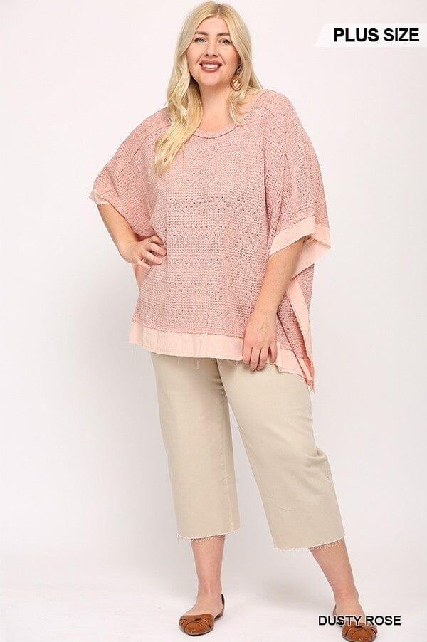 Plus Size Dusty Rose Pink Round Neck Batwing Sleeve Knit Woven Poncho Pullover Top Shirts & Tops jehouze 