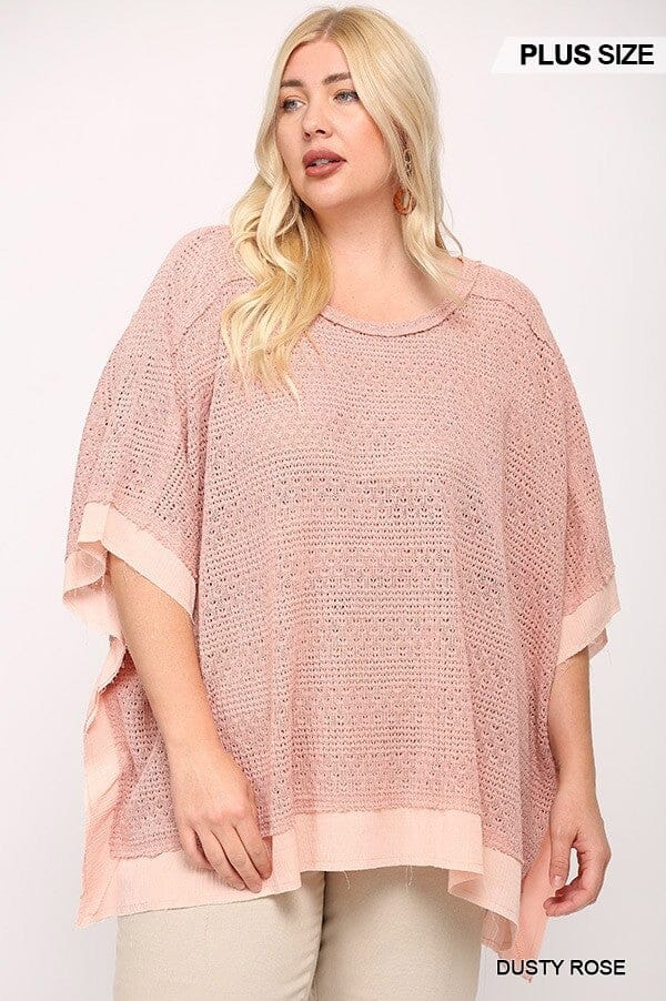Plus Size Dusty Rose Pink Round Neck Batwing Sleeve Knit Woven Poncho Pullover Top Shirts & Tops jehouze 