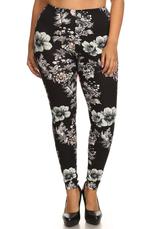 Plus Size Floral Graphic Printed Jersey Knit Legging With Elastic Waistband Detail Bottoms jehouze 